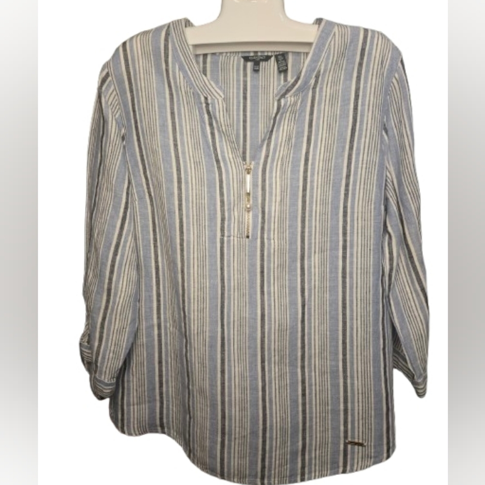 Ellen Tracy Linen Blue and White Striped Quarter Zip 3/4 Sleeve Tunic-Size Large